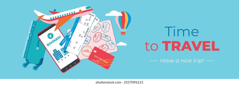 Beautiful background with travel and flight symbols. Flight backdrop with airplane, ticket, bank card, hotel reservation, passport, visa stamp. Banner, flyer, coupon, voucher