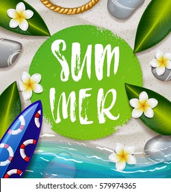 beautiful  background with tropical flowers. Hand drawn calligraphy "summer" . beach  with sand, surfboard with color pattern