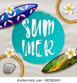 beautiful  background with tropical flowers. Hand drawn calligraphy "summer " . beach  with sand, surfboard with color pattern