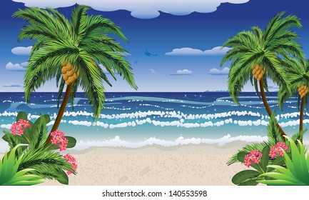 Beautiful background of tropical sea and beach with palms.