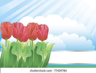 Beautiful background with tulips and clouds and with blank for Your text