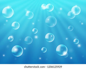 Beautiful background under water. The blue sea and the rays of the sun and bubbles. Realistic style. Vector illustration.