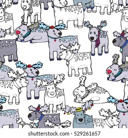 beautiful background unusual seamless pattern with hand drawn contours funny deer and grey Christmas reindeer. Pattern with animals. Christmas decor. Suitable for wrappers, greeting cards , greeting