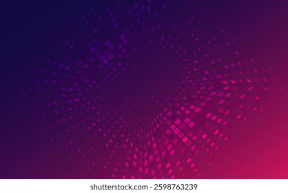 A beautiful background using gradients of dark purple and pink. The pattern of dots and small squares is arranged in an exploding pattern from the center.