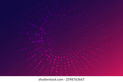 Beautiful background using gradients of dark purple and pink. Patterns of dots and small squares are arranged in a circular pattern from the center outward.