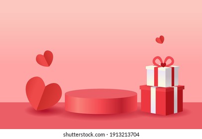 Hermosos antecedentes para San Valentín o amor. El podio cilíndrico es un stand para mostrar productos. Decorada con corazones y cajas de regalo. Diseño para banner, web, aplicación móvil, tarjeta, fondo, promoción.