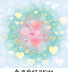 Beautiful background for Valentine's day. Gentle background with the image of hearts, glare and snow. Vector illustration