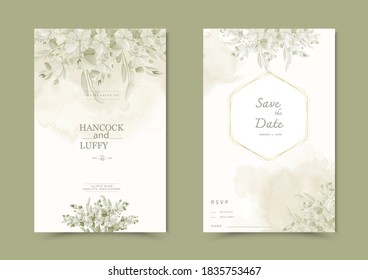 Beautiful background with watercolor floral wedding invitation card template.