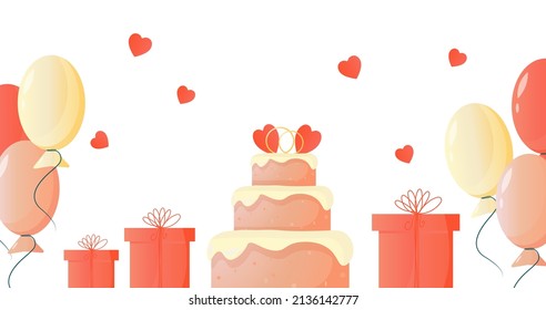 Hermosos antecedentes para la ceremonia de bodas. Un conjunto festivo de tortas, regalos, globos, corazones. Vector simple linda ilustración para afiche, banner, diseño, afiche, postal, invitación.