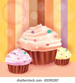 Beautiful background whit three delicious cup cakes