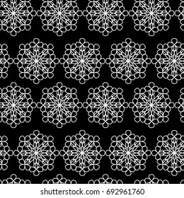 Beautiful background with white abstract outline elements on black. Seamless pattern. Ornamental texture perfect for fabric or paper printing. Vector illustration for creative design.