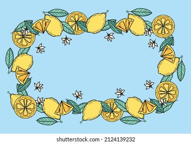 Schöner Hintergrund mit gelben Zitronen, grüne Blätter für Sommerdesign. Kollektion von saftigen Solardekorationselementen. Frisches Obst, Vitamin C. Modernes Design. Banner, Postkarte, Zeichenbrett, Dekoration