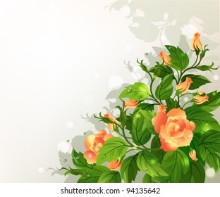 Beautiful background with yellow roses and green leafs.