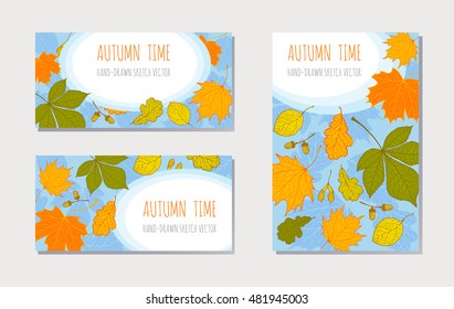 Beautiful backgrounds with the falling leaves: chestnut, oak, maple, alder. Invitation, greeting card, banner