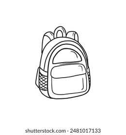 Schöner Rucksack für die Schule mit Taschen in schwarz isoliert auf weißem Hintergrund. Handgezeichnete Vektorgrafik Skizze Illustration in Doodle graviert Vintage Line Art Stil. Tasche für Kinder, Universität