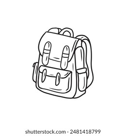 Beautiful backpack for school going with pockets in black isolated on white background. Hand drawn vector sketch illustration in doodle engraved vintage line art style. Bag for children, university