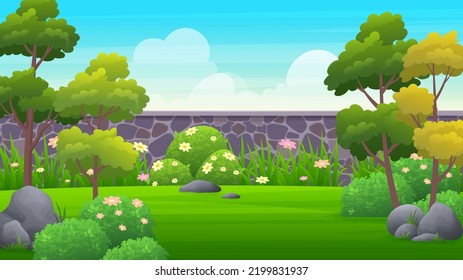 Beautiful Backyard of village country house with rocky wall, green lawn, bush, flower and trees vector illustration