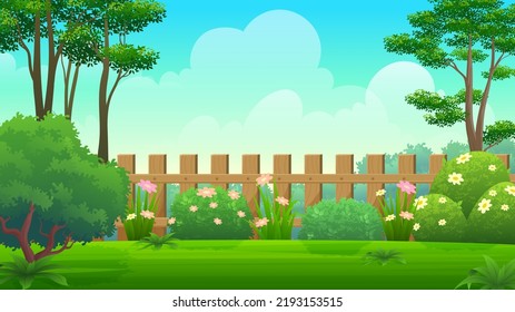 Beautiful Backyard with wooden fence, green lawn and trees. village country house vector illustration