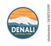 Beautiful badge patch Stickers, Denali National Park USA with mountain and sky Vector Illustration