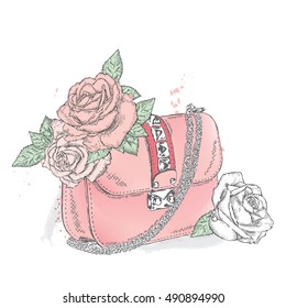 Beautiful bag with a bouquet of flowers. Ladies clutch. Vector illustration for greeting card, poster, or print on clothes. Fashion & Style. Vintage.