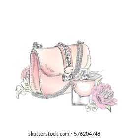 Beautiful bag with a bouquet of roses and peonies poured, and a bottle of perfume. Vector illustration. Fashion & Style.