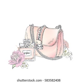 Beautiful bag with a bouquet of roses and peonies poured, and a bottle of perfume. Vector illustration. Fashion & Style.