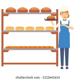 A beautiful baker holding the bread on plate in the kitchen