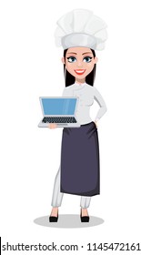 Beautiful baker woman in professional uniform and chef hat holding laptop. Cheerful cartoon character. Vector illustration on white background.