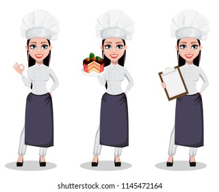 Beautiful baker woman in professional uniform and chef hat, set of three poses. Cheerful cartoon character showing ok sign, holding cake and holding clipboard. Vector illustration