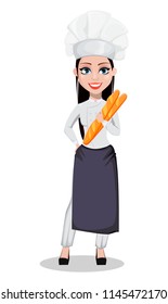 Beautiful baker woman in professional uniform and chef hat holding baguettes. Cheerful cartoon character. Vector illustration on white background.
