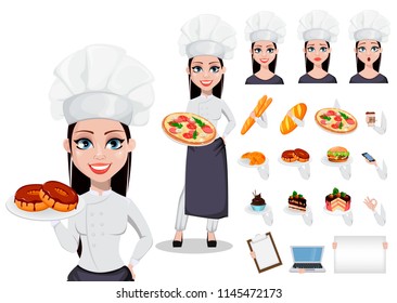 Beautiful baker woman in professional uniform and chef hat, set. Pack of body parts, emotions and stuff. Build your personal design of cartoon character. Vector illustration