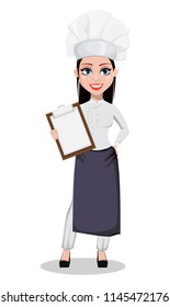 Beautiful baker woman in professional uniform and chef hat holding clipboard. Cheerful cartoon character. Vector illustration on white background.
