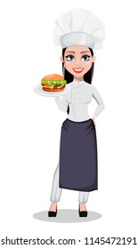 Beautiful baker woman in professional uniform and chef hat holding cheeseburger. Cheerful cartoon character. Vector illustration on white background.