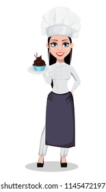 Beautiful baker woman in professional uniform and chef hat holding chocolate cake on plate. Cheerful cartoon character. Vector illustration on white background.