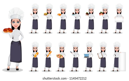 Beautiful baker woman in professional uniform and chef hat, set of fifteen poses. Cheerful cartoon character. Vector illustration on white background.