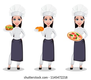 Beautiful baker woman in professional uniform and chef hat, set of three poses. Cheerful cartoon character holding cheeseburger, holding croissants and holding pizza. Vector illustration