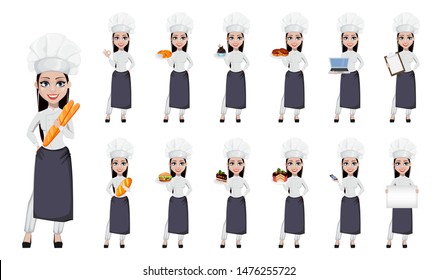 Beautiful Baker Woman In Professional Uniform And Chef Hat, Set Of Thirteen Poses. Cheerful Cartoon Character. Vector Illustration On White Background.