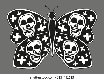 Beautiful balck and white hand drawn butterfly with skull wings