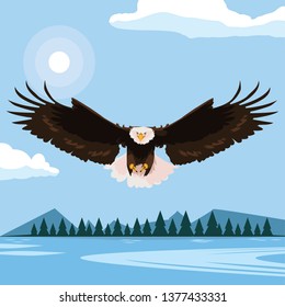 beautiful bald eagle flying in the lake scene