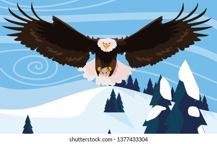 beautiful bald eagle flying in the snowscape