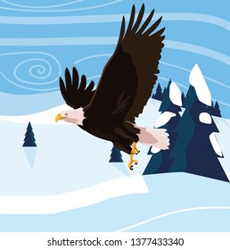 beautiful bald eagle flying in the snowscape