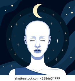 Hermosa mujer calva con los ojos cerrados en el fondo del cielo nocturno con estrellas y media luna. Ilustración del vector