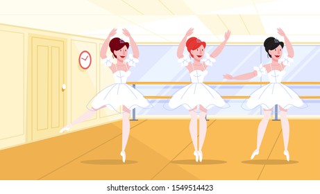 Beautiful balerina performing in the dance class, woman practicing in ballet shoes. Vector illustration in flat style.