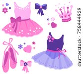 Beautiful ballerina accessories vector set with cute pink and purple ballerina dancer girl dress outfits, ballet shoes, ribbons, tiara and flowers. Vector illustration