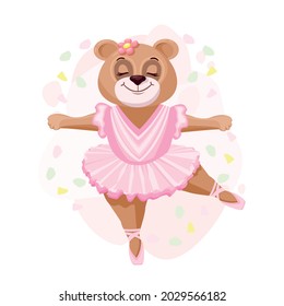 Beautiful ballerina bear in a pink tutu. Bear ballerina dancing on stage. Vector illustration in cartoon style.
