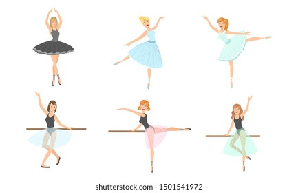 Beautiful Ballerina Characters Dancing Set. Classical Ballet Art Dancers. Vector Illustration.