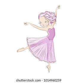 Beautiful ballerina in classical tutu. Graceful little dancer. The girl dances barefoot. She's in light, beautiful pink dress. Hand drawing illustration isolated on white background.