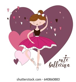 Beautiful ballerina in classical tutu. Hand drawn illustration of cute girl in pink dress. Pretty dancer. Cartoon vector artistic performer