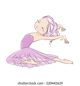 Beautiful ballerina in classical tutu on a white background. Graceful little White Swan. She is dancing in light, beautiful pink dress. Hand drawn illustration.
