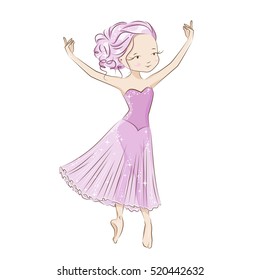 Beautiful ballerina in classical tutu on a white background. She is dancing in light, beautiful pink dress. Hand drawn illustration.